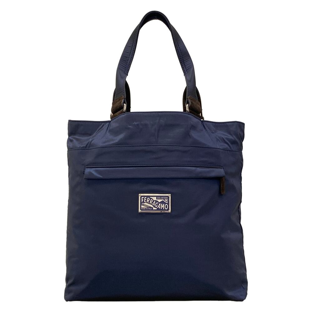 Salvatore Ferragamo Tote Bag Dark Navy Dark Brown Nylon Leather